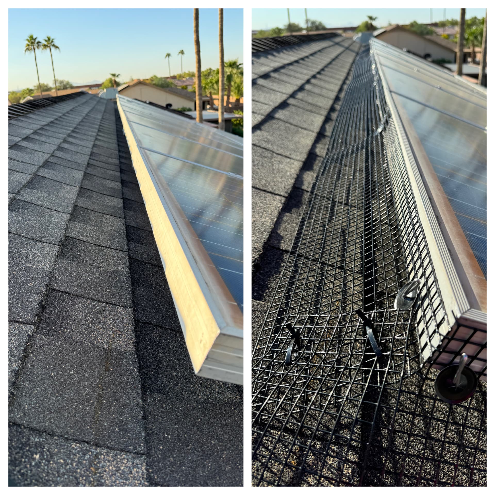 Before and after: open gap under solar panels on a shingle roof, then sealed with mesh