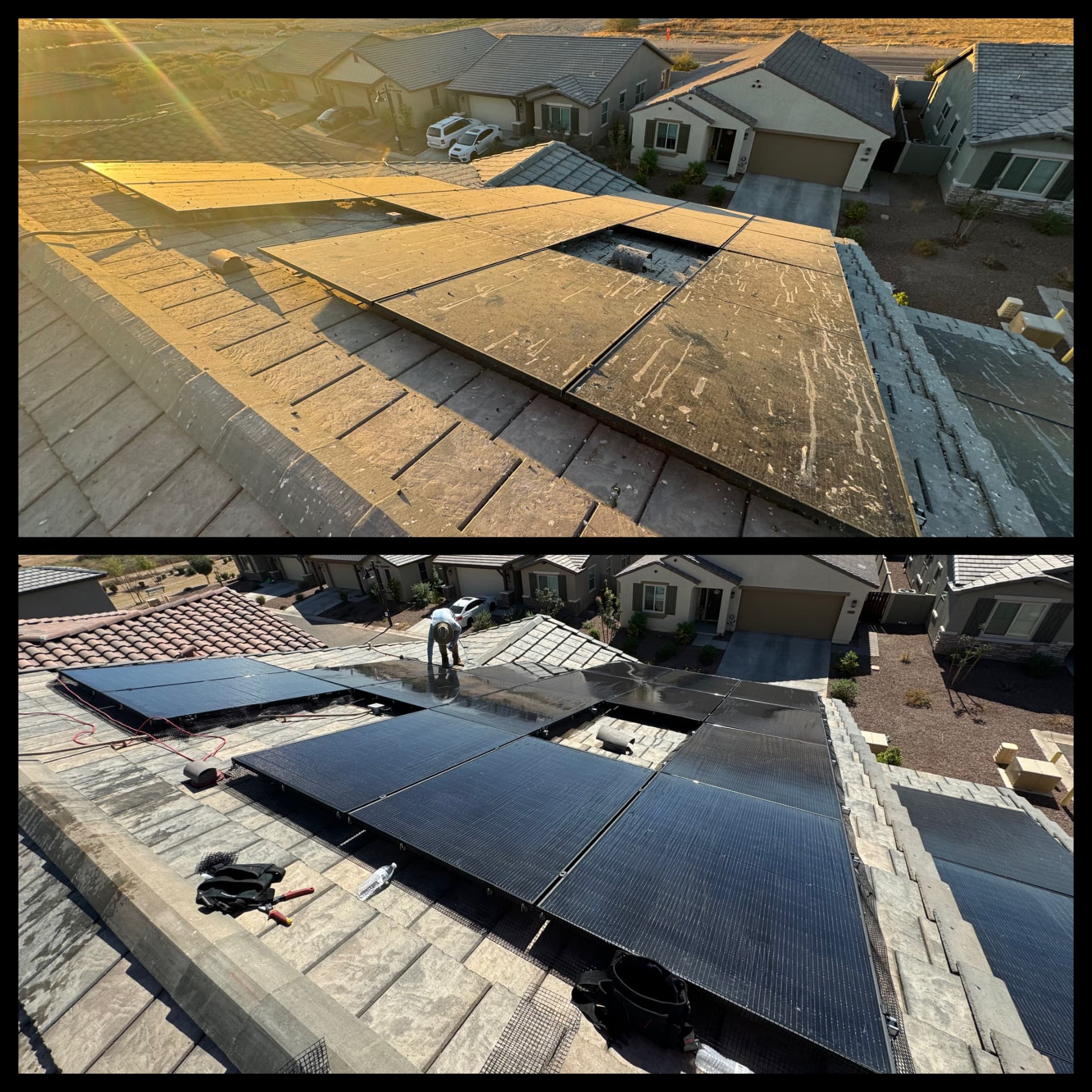 Before and after: solar array coated in thick dust, then deep black and clean