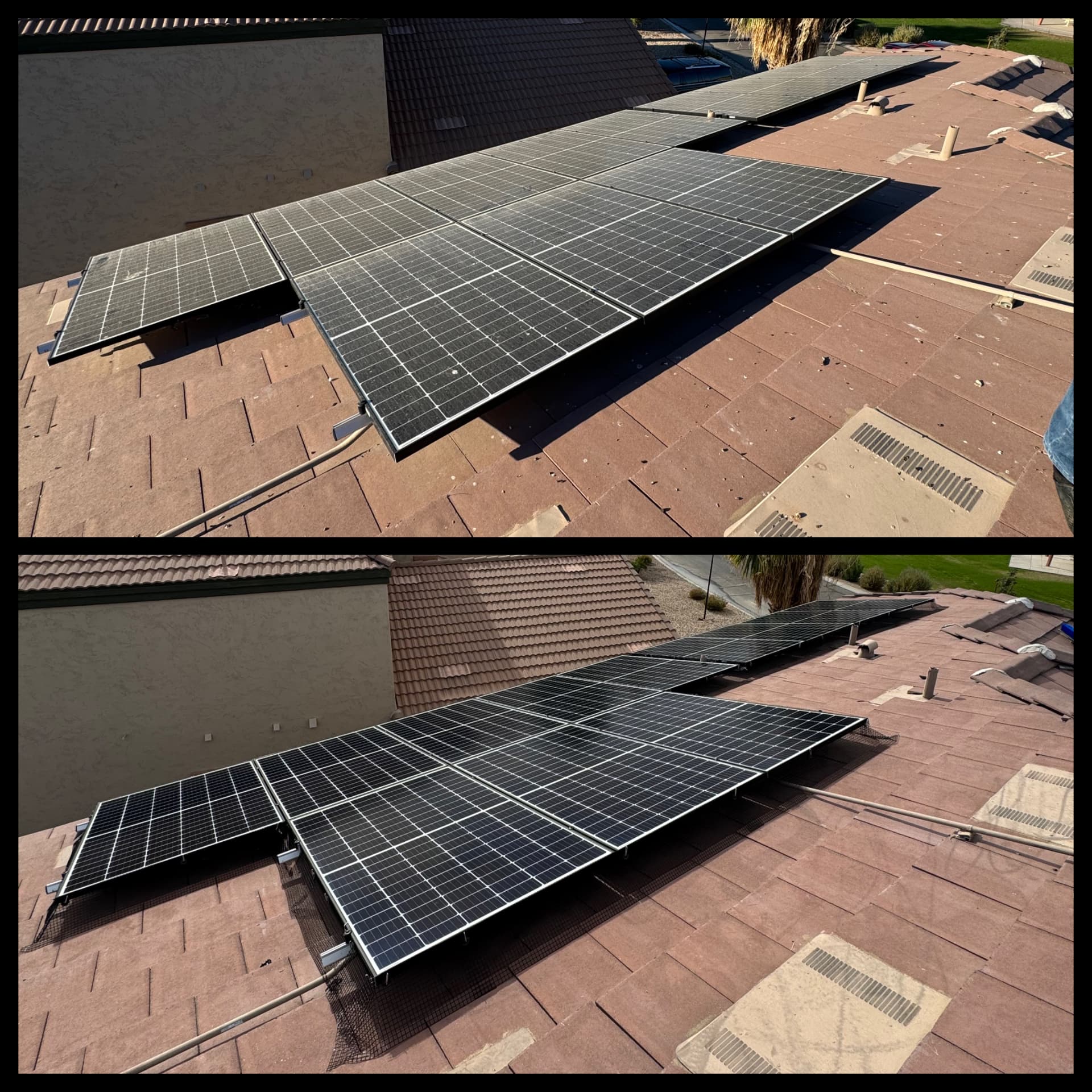 Before and after: dusty solar panels on a flat tile roof, then clean