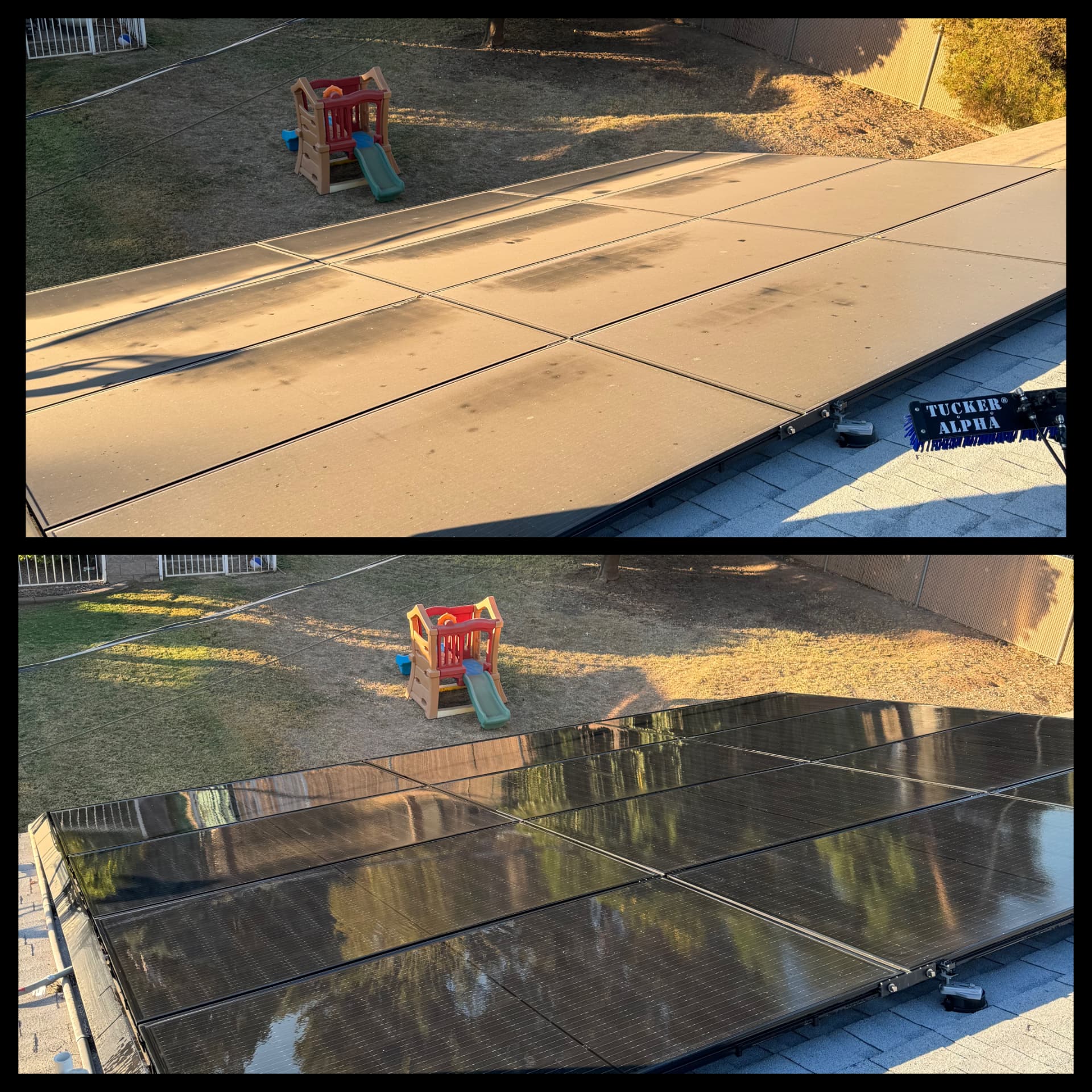 Before and after: panels caked in desert dust, then clean