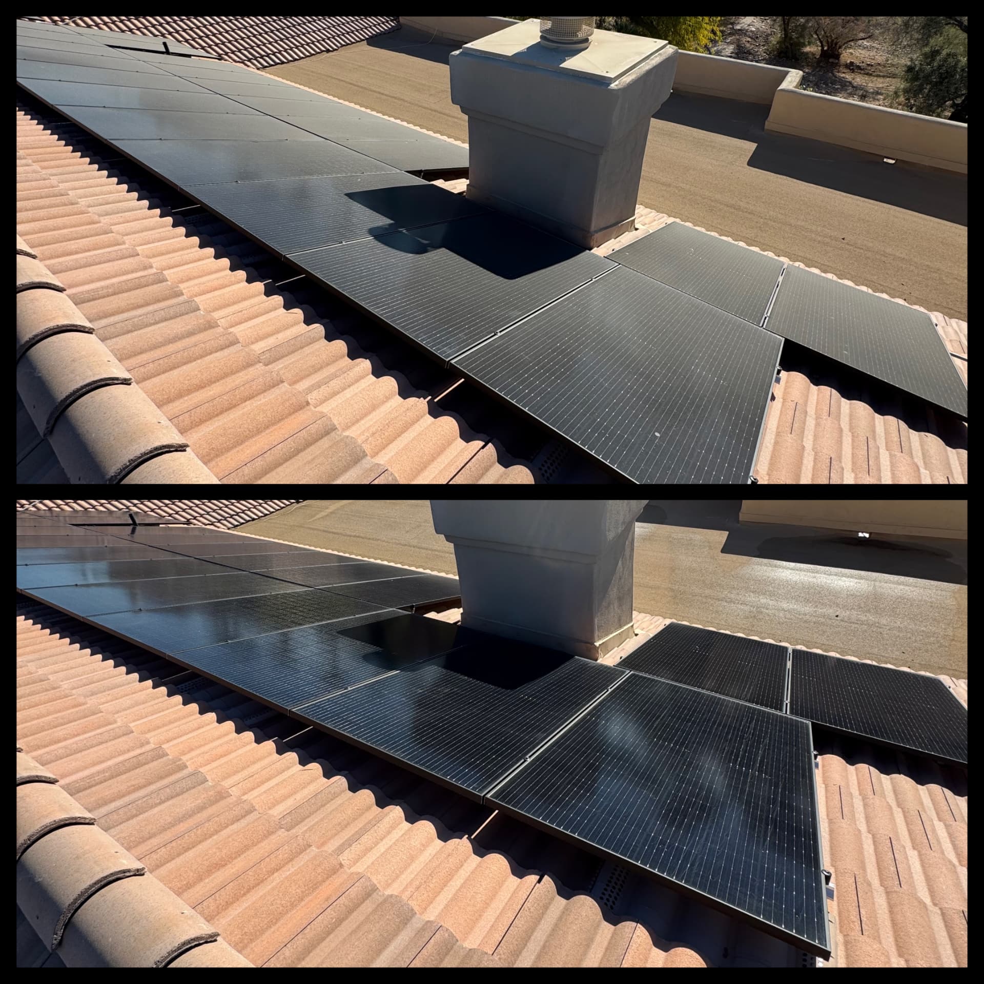 Before and after: dirty panels beside a chimney, then clean