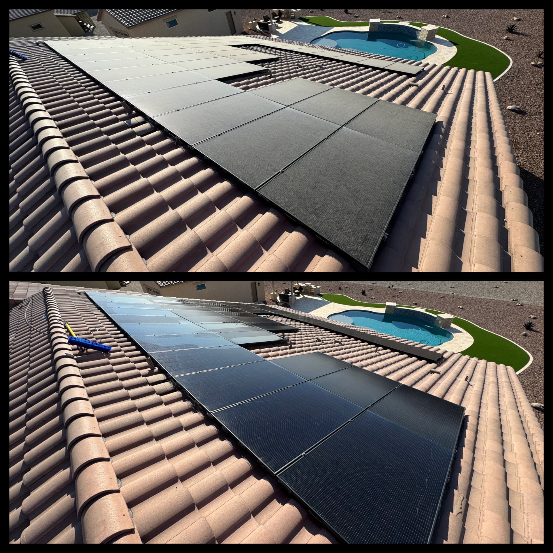 Before and after: dusty solar array above a backyard pool, then clean