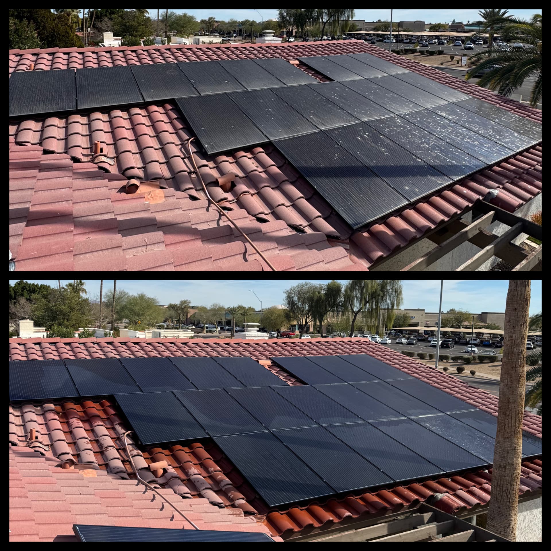 Before and after: hazy panels on a red tile roof, then deep black and clean