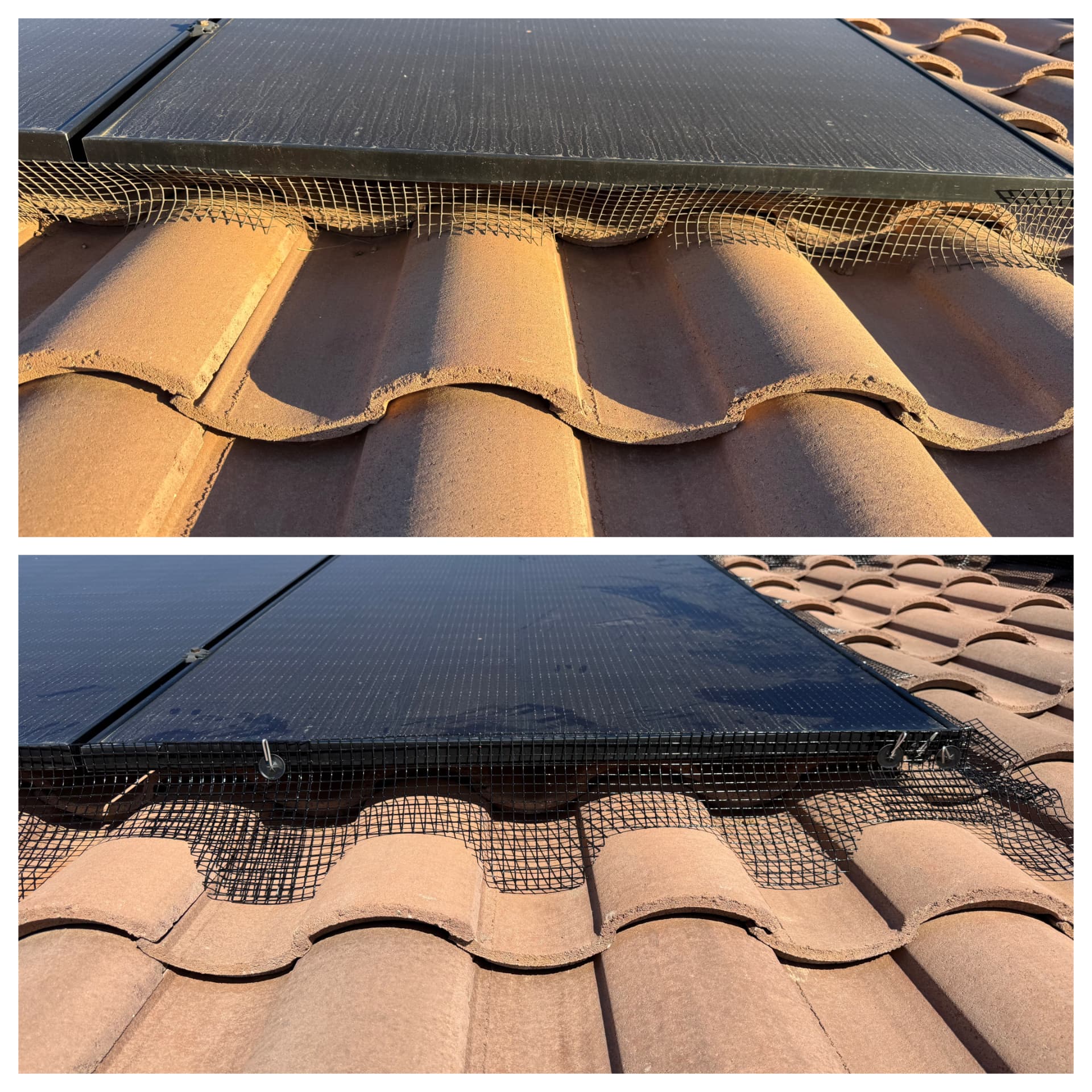 Two views of pigeon mesh sealing the gap under the front edge of a solar array
