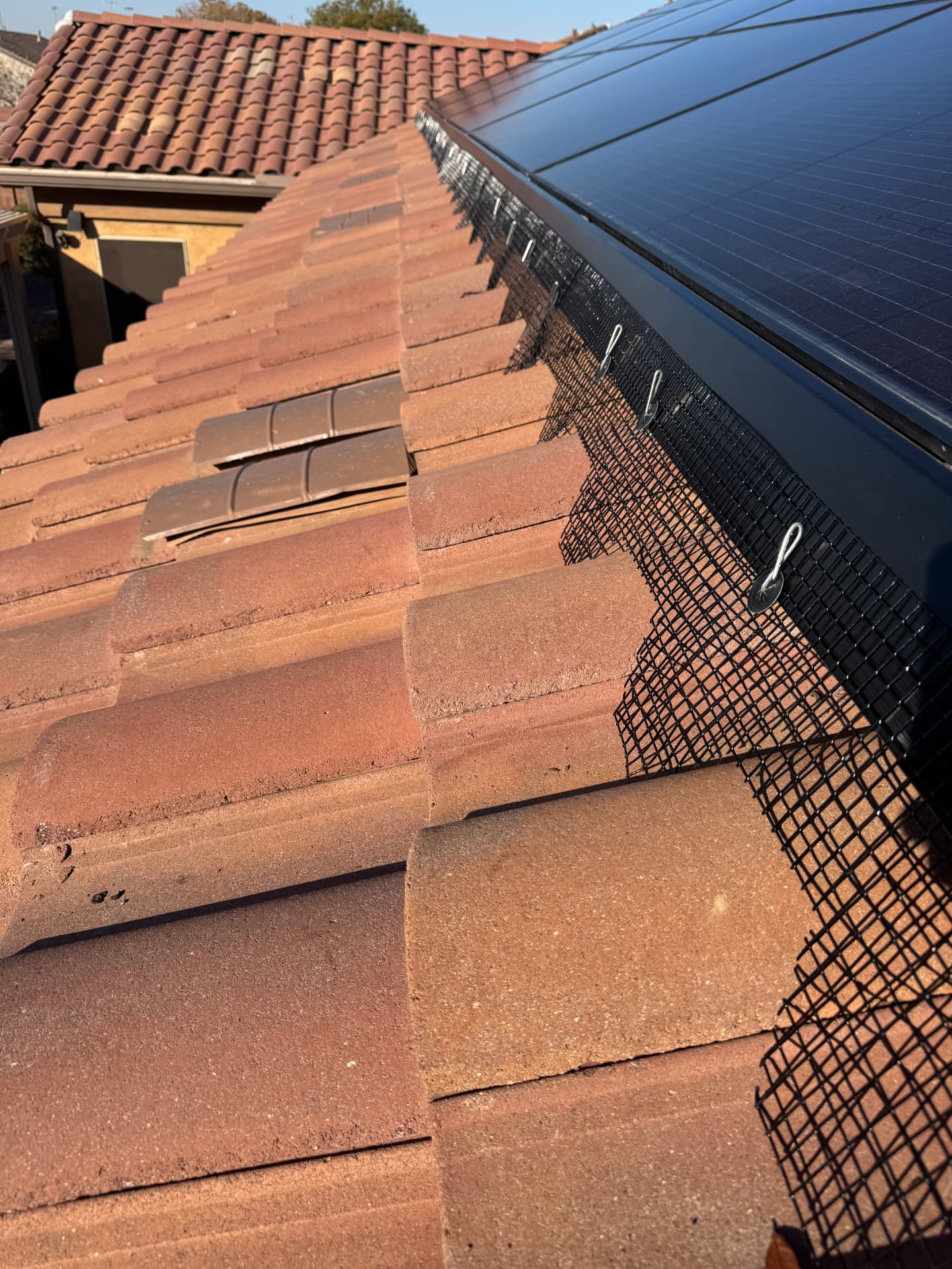 Pigeon barrier clipped along a solar array on red tiles
