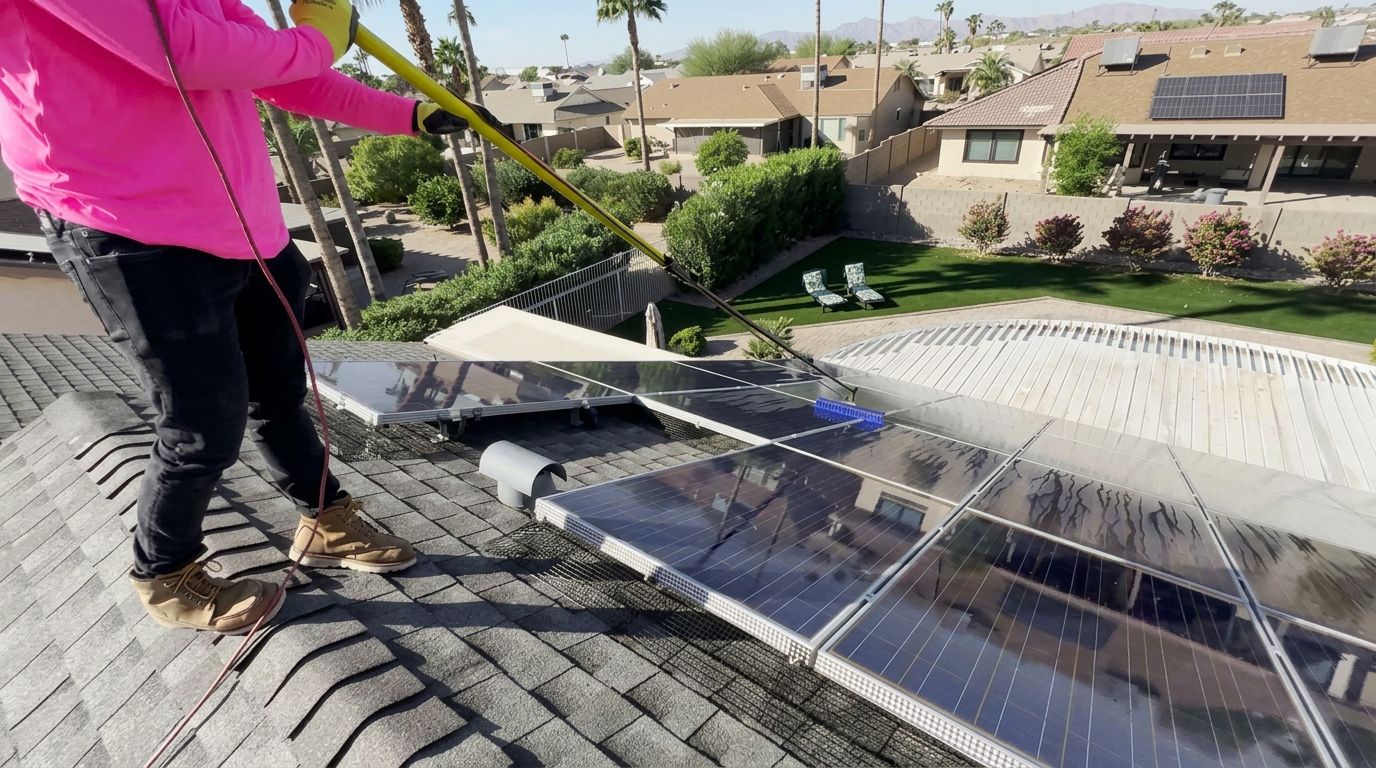 SunsUp technician cleaning rooftop solar panels with a water-fed soft brush