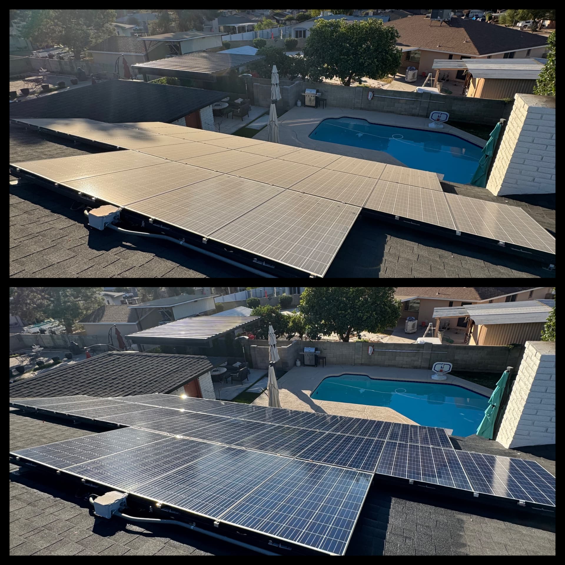 Before and after: dusty solar array above a pool, then clean