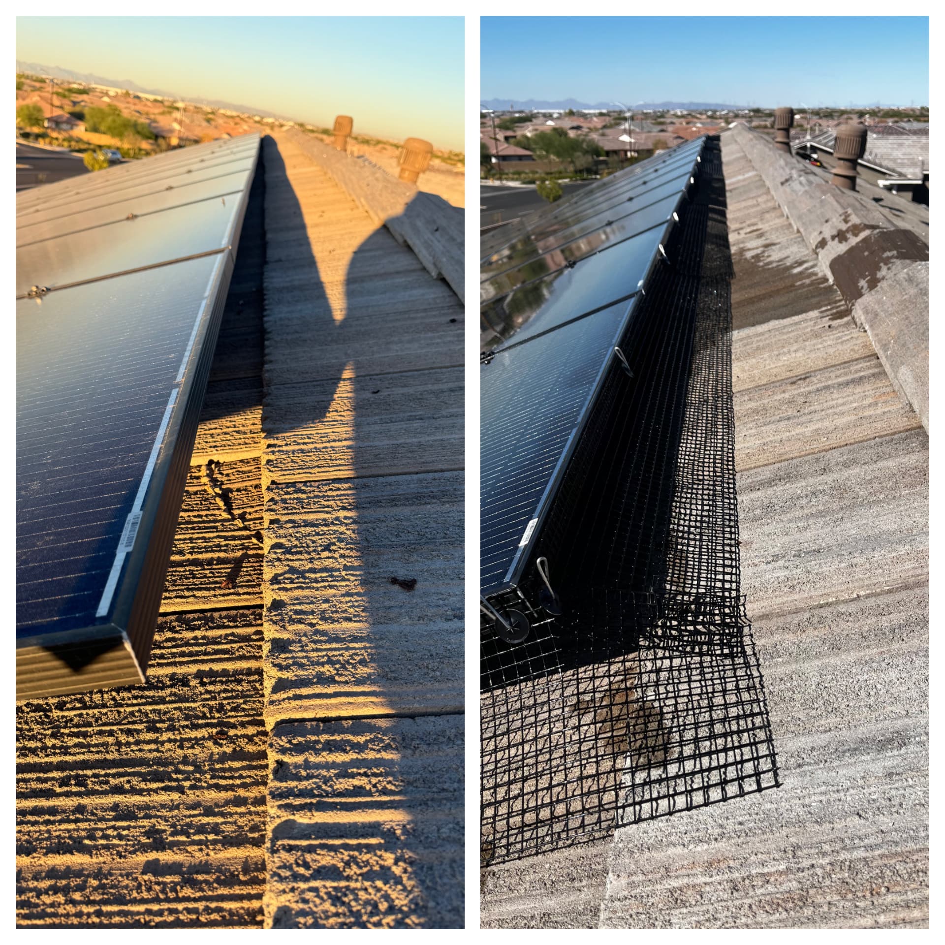 Before and after: open gap under a solar array on a tile roof, then sealed with mesh
