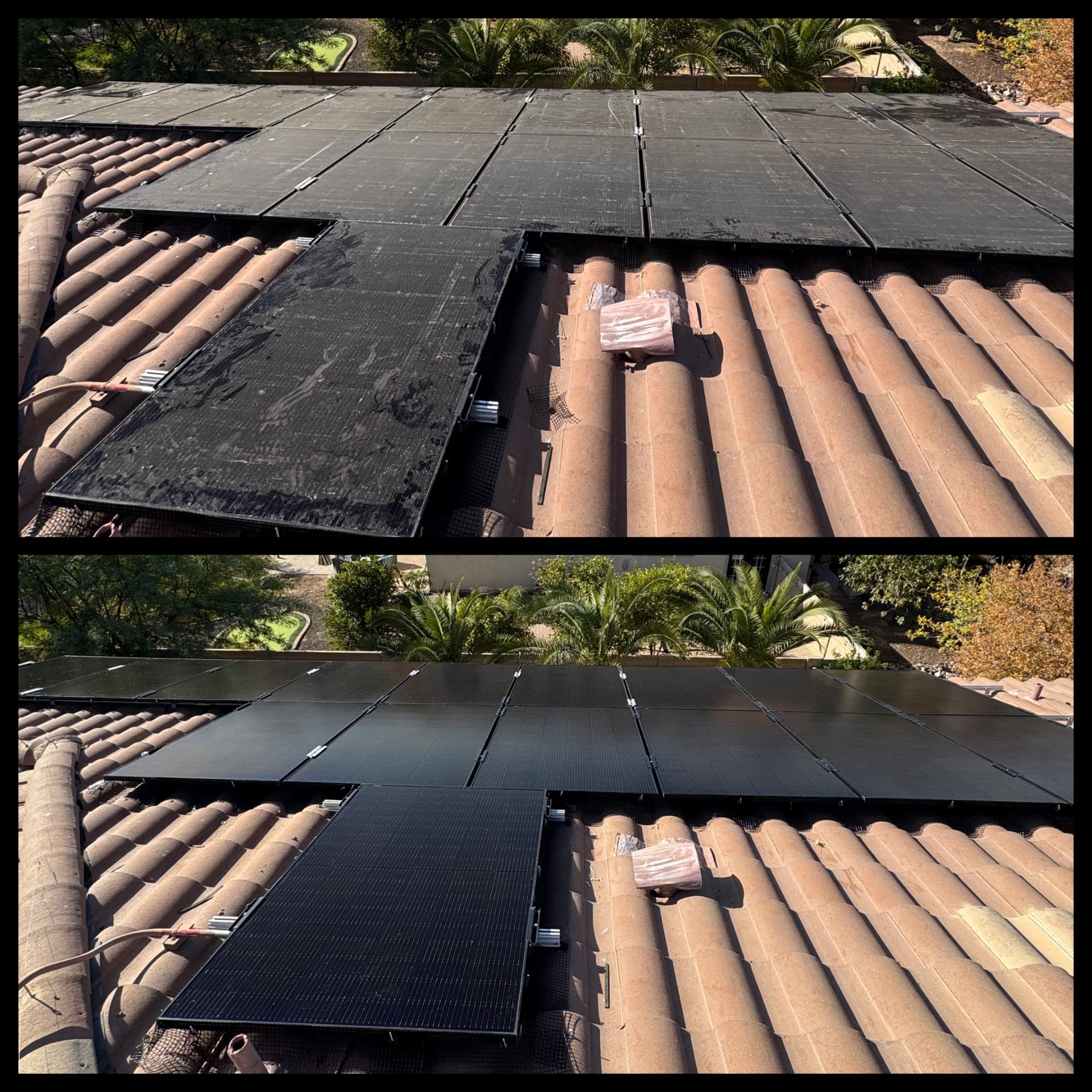 Before and after: dirt-streaked solar panels on a clay tile roof, then clean