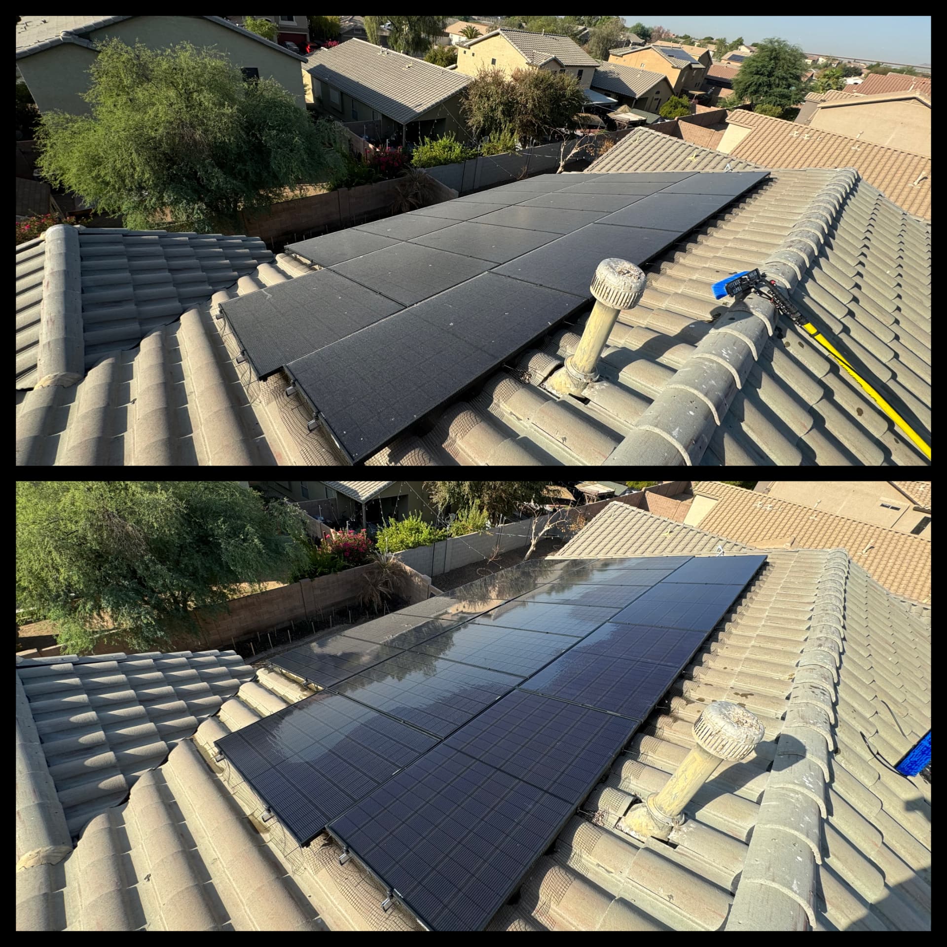 Before and after: hazy solar array on a tile roof, then clear and dark