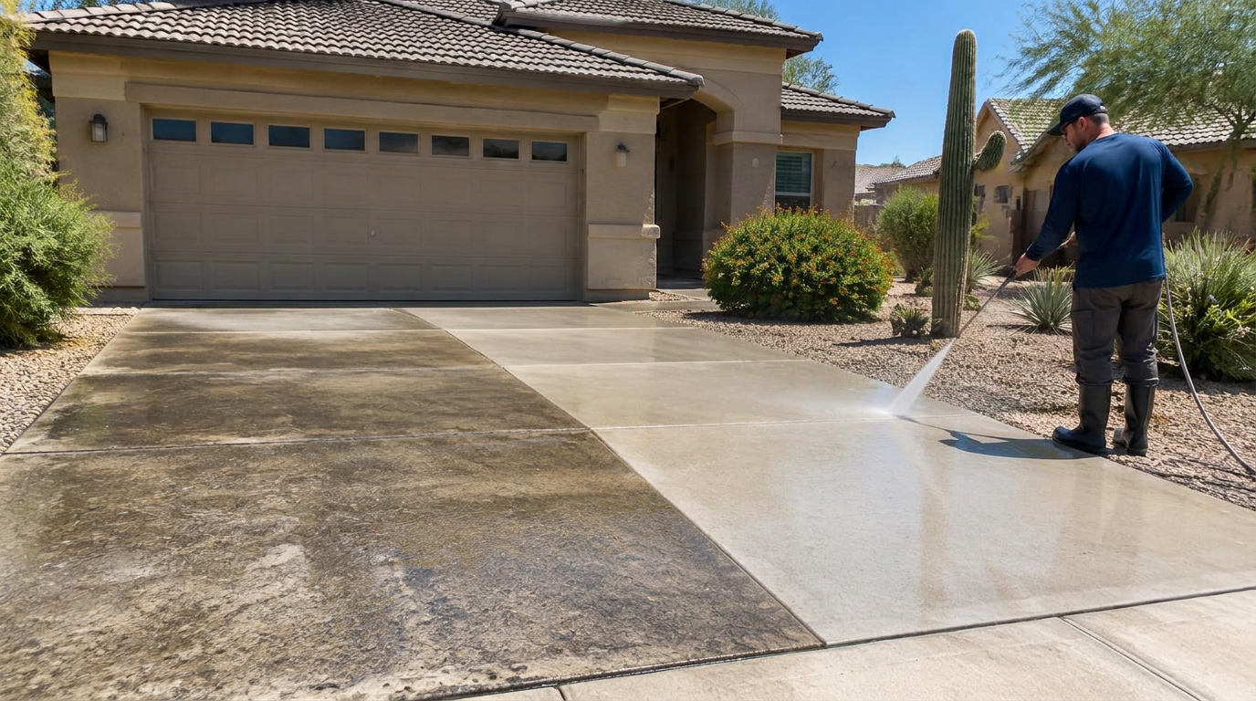 Technician pressure washing a concrete driveway in Arizona