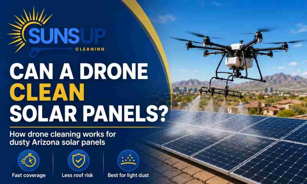 Drone cleaning solar panels on a rooftop in Arizona with SunsUp Cleaning branding, showing fast coverage, less roof risk, and light dust removal.