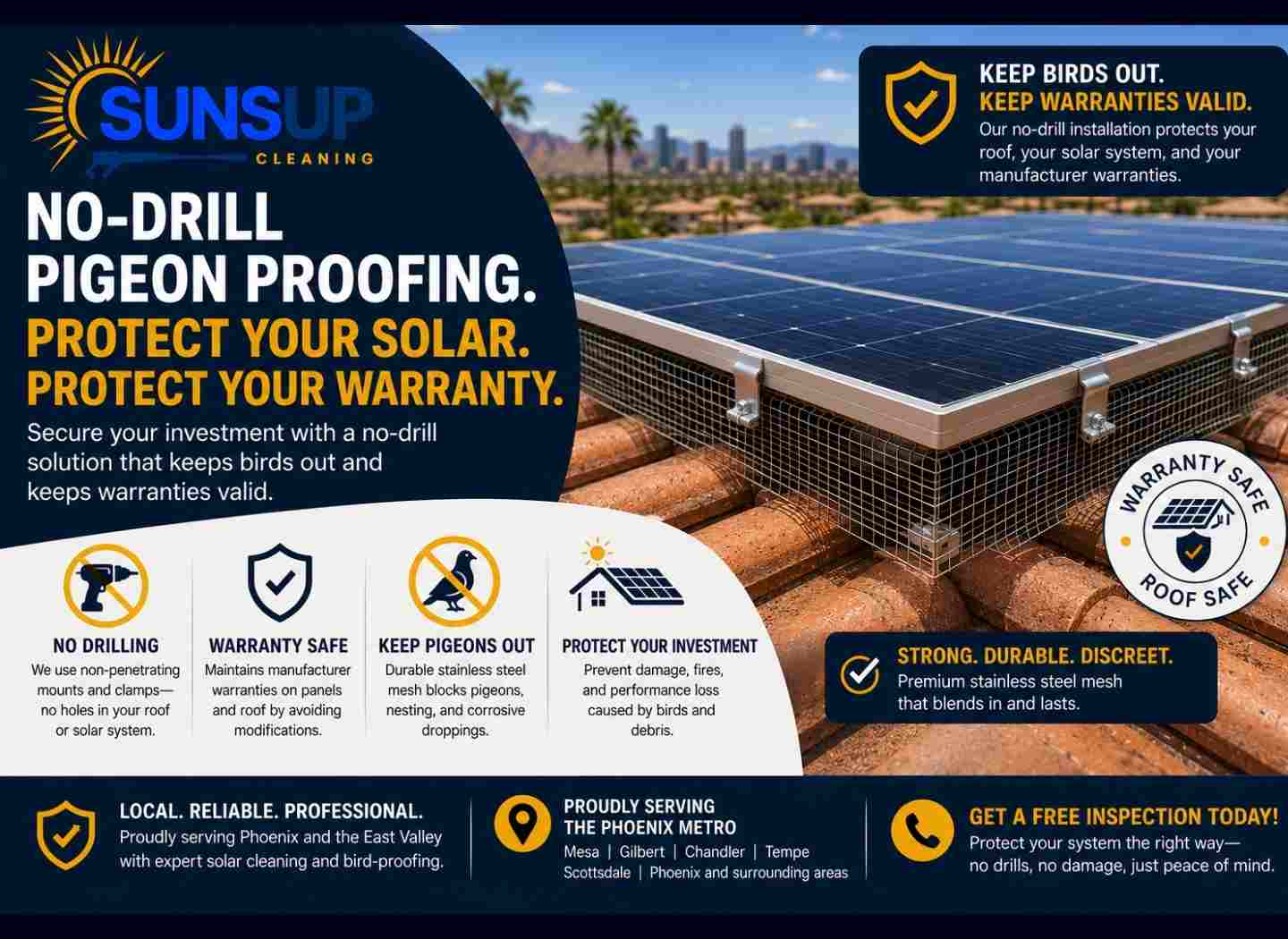 No-Drill Pigeon Proofing That Protects Solar Warranties