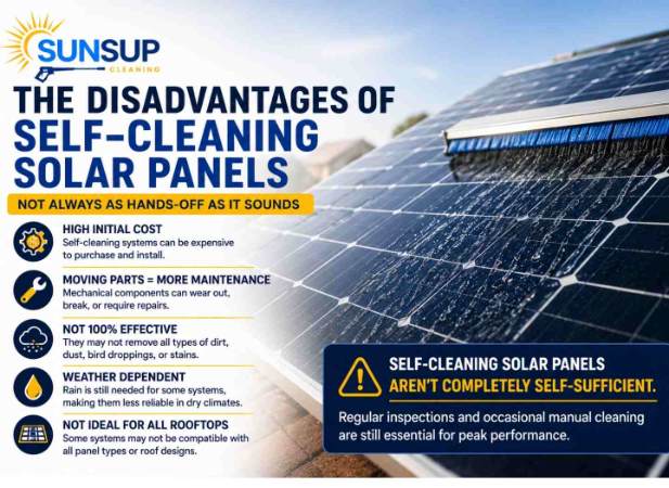 Disadvantages of self-cleaning solar panels showing a rooftop solar panel system with cleaning brush, maintenance icons, and SunsUp Cleaning branding.